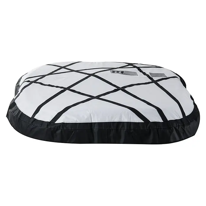 MSpa Mobil-Whirlpool Soho - L x B x H: 185 x 185 x 68 cm, Weiß/Schwarz, 930 l - Ein weißes, aufblasbares Boot mit schwarzen Streifen und einer schwarzen Basis. Dieses Boot ist ideal für Wassersport und Freizeitaktivitäten.