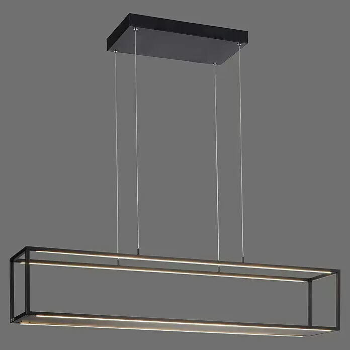 Paul Neuhaus Pendelleuchte - 42 W, L x B x H: 105 x 20 x 120 cm - Schwarze rechteckige LED-Pendelleuchte mit minimalistischem Rahmen, an dünnen Drähten hängend.