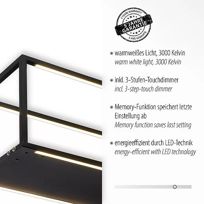 Paul Neuhaus Pendelleuchte - 42 W, L x B x H: 105 x 20 x 120 cm - Schwarze, eckige LED-Leuchte mit warmweißem Licht.