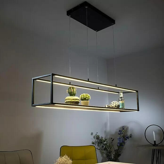 Paul Neuhaus Pendelleuchte - 42 W, L x B x H: 105 x 20 x 120 cm - Schwarze rechteckige LED-Hängelampe mit Ablage für Dekoration, über einem Tisch in einem modernen Interieur.