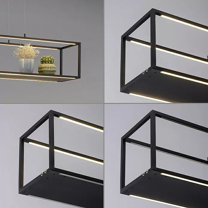 Paul Neuhaus Pendelleuchte - 42 W, L x B x H: 105 x 20 x 120 cm - Schwarze rechteckige LED-Pendelleuchte mit integrierten Lichtleisten und oberer Ablage für Dekoration.