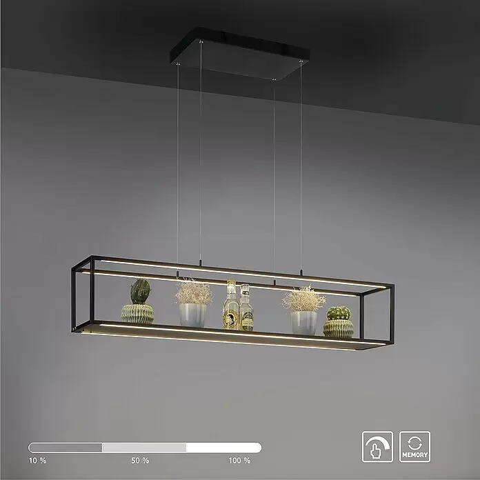 Paul Neuhaus Pendelleuchte - 42 W, L x B x H: 105 x 20 x 120 cm - Schwarze rechteckige LED-Pendelleuchte mit integrierter Ablage für Dekoration, von der Decke hängend.