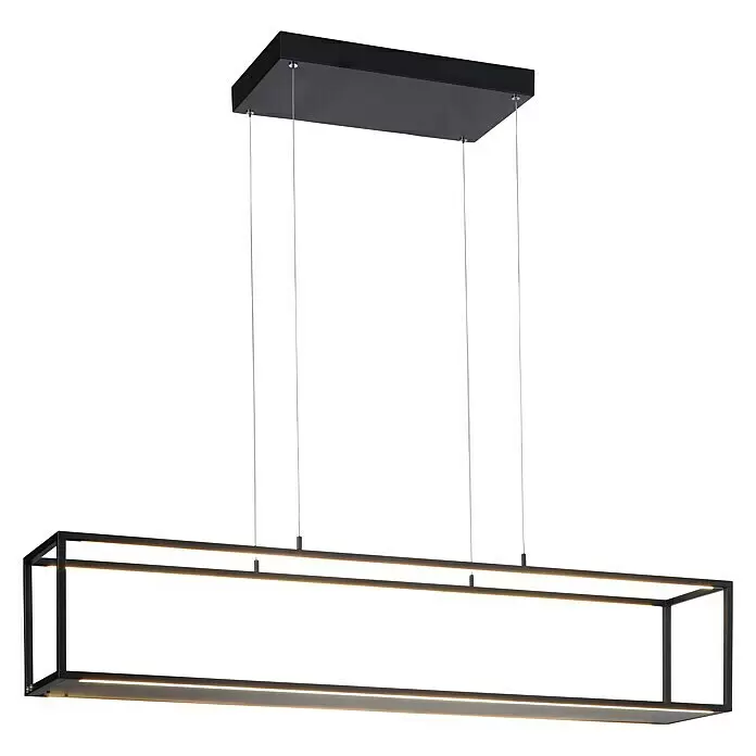 Paul Neuhaus Pendelleuchte - 42 W, L x B x H: 105 x 20 x 120 cm - Schwarze rechteckige LED-Pendelleuchte mit Leuchtstreifen, an dünnen Kabeln hängend.