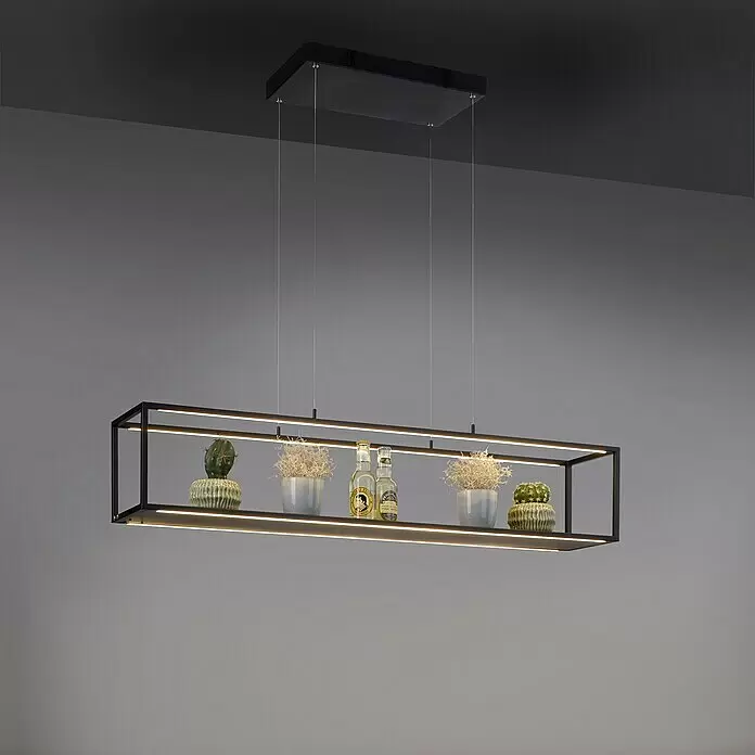 Paul Neuhaus Pendelleuchte - 42 W, L x B x H: 105 x 20 x 120 cm - Rechteckige schwarze Metall-LED-Pendelleuchte mit integrierter Ablage, an Drähten aufgehängt.