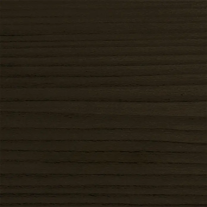 Bondex Lacklasur - Schwarz, 375 ml, Seidenglänzend - Nahaufnahme einer dunklen Holzoberfläche mit feiner, horizontaler Maserung, ideal für Möbeldesign und Texturen.