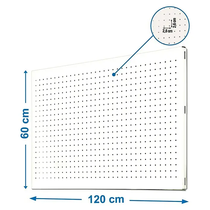Simonrack Simonwork Lochwand - Breite: 60 cm, Höhe: 120 cm, Weiß - Abbildung einer weißen Lochplatte mit den Maßen 120 cm x 60 cm und einem Lochabstand von 2,6 cm.