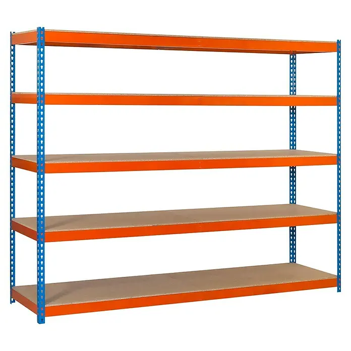 Simonrack Ecoforte Schwerlastregal Chipboard - H x B x T: 200 x 180 x 60 cm, Traglast pro Boden: 400 kg, Anzahl Böden: 5 Stk., Stecken, Blau/Orange - Ein blau-oranges Schwerlastregal mit fünf Regalböden für Lagerung und Organisation.