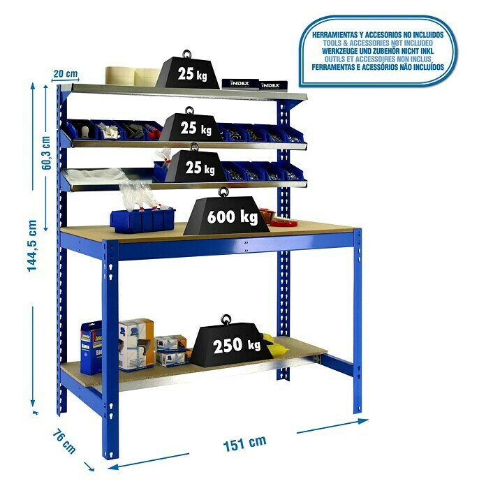 Simonrack Simonwork Werkbank (L x H: 76 x 144,5 cm, Breite: 151 cm, Traglast: 600 kg, Blau)