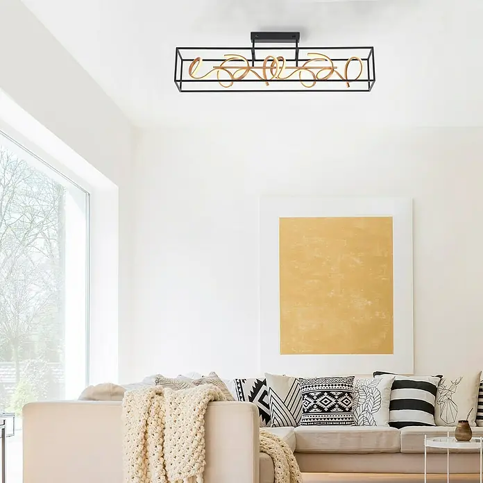 Paul Neuhaus LED-Deckenleuchte - 46 W, L x B x H: 110 x 20 x 31,5 cm, Schwarz, Tageslichtweiß - Moderne Deckenleuchte mit geschwungenen, goldfarbenen Elementen in einem rechteckigen, schwarzen Rahmen. Perfekt für stilvolle Wohnräume.