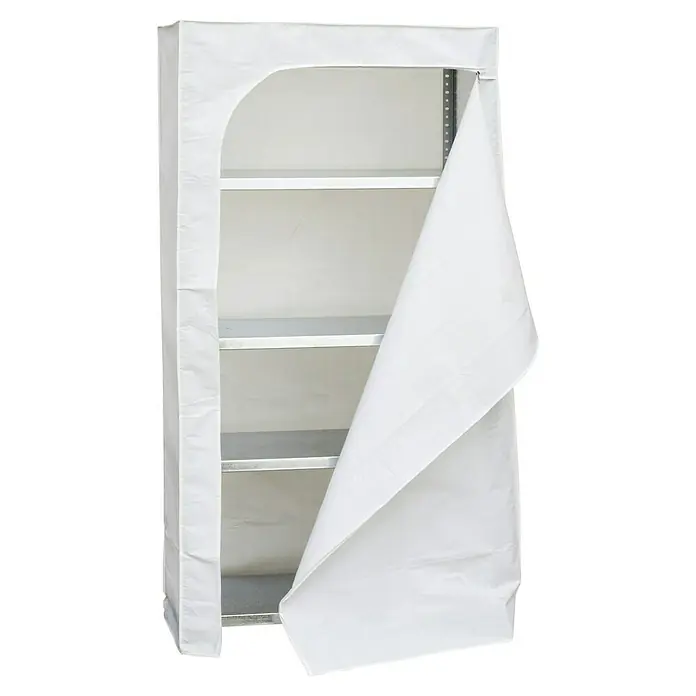 Simonrack Regalbezug - B x T x H: 90 x 50 x 180 cm, Weiß - Bild eines Regals mit einer weißen Stoffabdeckung, die teilweise geöffnet ist und die Regale darunter zeigt.