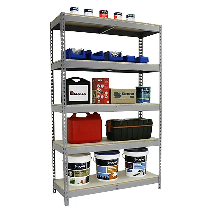 Simonrack Simontaller Schwerlastregal Ecoforte Chipboard - H x B x T: 300 x 120 x 60 cm, Traglast pro Boden: 400 kg, Anzahl Böden: 5 Stk., Stecken, Grau - Ein Regal voller Werkzeuge, Farbeimer und anderer Gegenstände, die in blauen Boxen aufbewahrt werden.