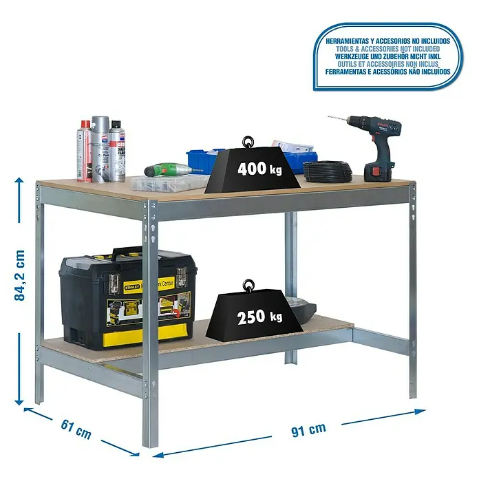 Simonrack Simonwork Werkbank BT0 900 - L x B: 61 x 91 cm, Arbeitshöhe: 84,2 cm, Belastbarkeit: 650 kg, Verzinkt/Holz - Werkbank mit Werkzeugkasten und Zubehör, belastbar mit bis zu 400 kg auf der oberen Ablage und 250 kg auf der unteren Ablage.