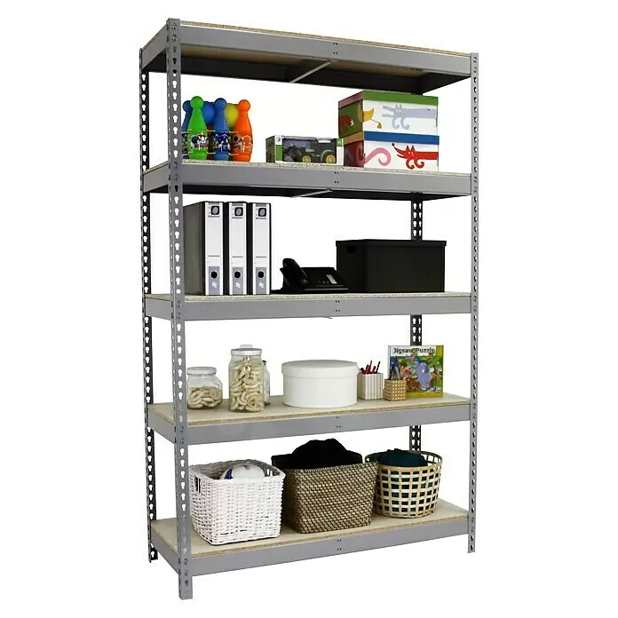 Simonrack Simonforte Schwerlastregal Simonforte Chipboard - H x B x T: 250 x 150 x 45 cm, Traglast pro Boden: 600 kg, Anzahl Böden: 5 Stk., Stecken, Grau - Graues Metallregal mit hellen Holzablagen, zur Aufbewahrung verschiedener Gegenstände.