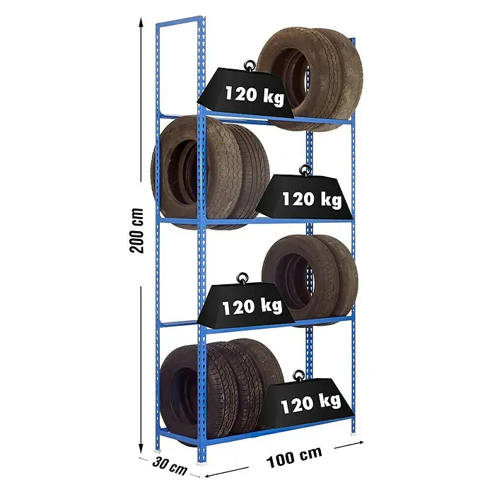 Simonrack Simonauto Reifenregal Autoclick - H x B x T: 200 x 100 x 30 cm, Anzahl Träger: 4 Stk., Stecken, Blau - Regal mit Reifen und Gewichten.