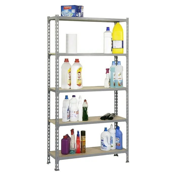 Simonrack Maderclick Metallregal Maderclick - H x B x T: 180 x 90 x 40 cm, Traglast pro Boden: 150 kg, Anzahl Böden: 5 Stk., Stecken, Grau - Regalsystem mit Reinigungsmitteln und Haushaltsartikeln. Auf fünf Regalen sind verschiedene Reinigungs- und Waschmittel sowie Papierrollen und ein Geschirrspülerreiniger verstaut.