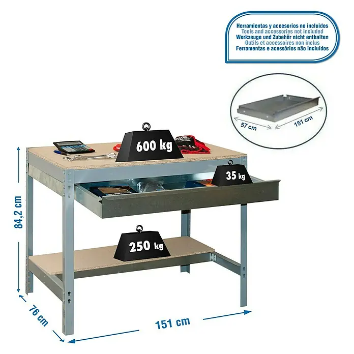 Simonrack Simonwork Werkbank BT0 Box 1500 - L x B: 76 x 151 cm, Arbeitshöhe: 84,2 cm, Belastbarkeit: 885 kg, Grau/Holz - Werkbank mit Schublade, belastbar bis 600 kg auf der Arbeitsfläche, 35 kg in der Schublade und 250 kg auf der Ablage.