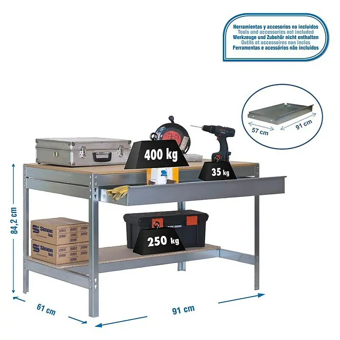 Simonrack Simonwork Werkbank BT0 Box 900 - L x B: 61 x 91 cm, Arbeitshöhe: 84,2 cm, Belastbarkeit: 685 kg, Verzinkt/Holz - Abbildung eines Werkstatttisches mit Werkzeugen und Zubehör, einschließlich Gewichtsangaben für die darauf befindlichen Gegenstände.