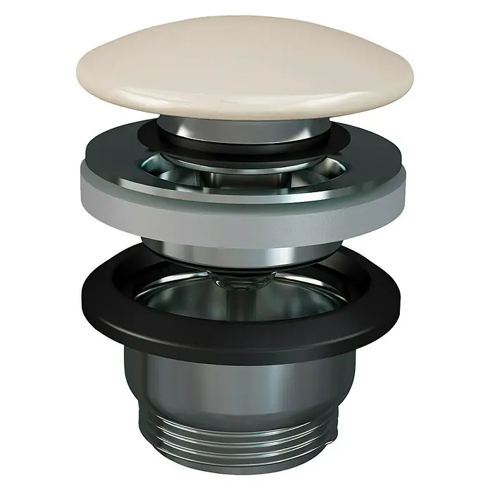 RAK Ceramics Feeling Ablaufventil - 1 ¼″, Greige, Mit Druckknopf - Nahaufnahme eines Spülbeckenstöpsels mit verschiedenen Metallelementen und einem hellen, runden Knopf oben.