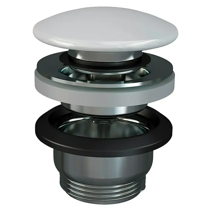 RAK Ceramics Feeling Ablaufventil - 1 ¼″, Weiß, Permanent geöffnet - Detailaufnahme eines Waschbeckenstöpsels mit chromfarbenen und weißen Elementen.