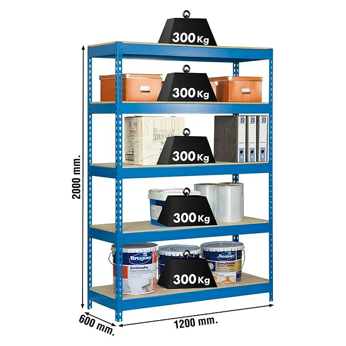 Simonrack Bricoforte Schwerlastregal Bricoforte Chipboard - H x B x T: 200 x 120 x 60 cm, Traglast pro Boden: 300 kg, Anzahl Böden: 5 Stk., Stecken, Blau - Ansicht eines blauen Regals mit fünf Ebenen, von denen jede mit verschiedenen Gegenständen und einer 300 kg schweren Last beladen ist.
