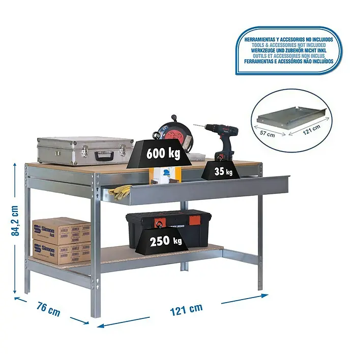 Simonrack Simonwork Werkbank BT0 Box 1200 - L x B: 76 x 121 cm, Arbeitshöhe: 84,2 cm, Belastbarkeit: 885 kg, Verzinkt/Holz - Werkbank mit Werkzeugkasten, Werkzeugen und Zubehör. Die Werkbank hat eine maximale Tragfähigkeit von 600 kg.