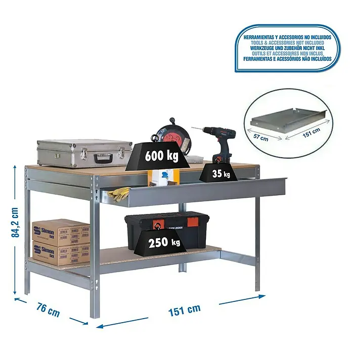 Simonrack Simonwork Werkbank BT0 Box 1500 - L x B: 76 x 151 cm, Arbeitshöhe: 84,2 cm, Belastbarkeit: 885 kg, Verzinkt/Holz - Abbildung einer Werkbank mit Werkzeugen und Zubehör, mit Maßangaben und Gewichten, die die Eigenschaften des Produkts hervorheben.