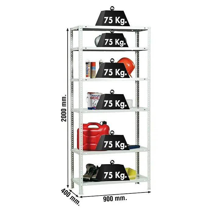 Simonrack Simonclassic Metallregal Advantage - H x B x T: 200 x 90 x 40 cm, Traglast pro Boden: 75 kg, Anzahl Böden: 6 Stk., Schrauben, Weiß - Abbildung eines weißen Metallregals mit sechs Fächern, das mit Gewichten und verschiedenen Gegenständen beladen ist, mit Maßangaben.