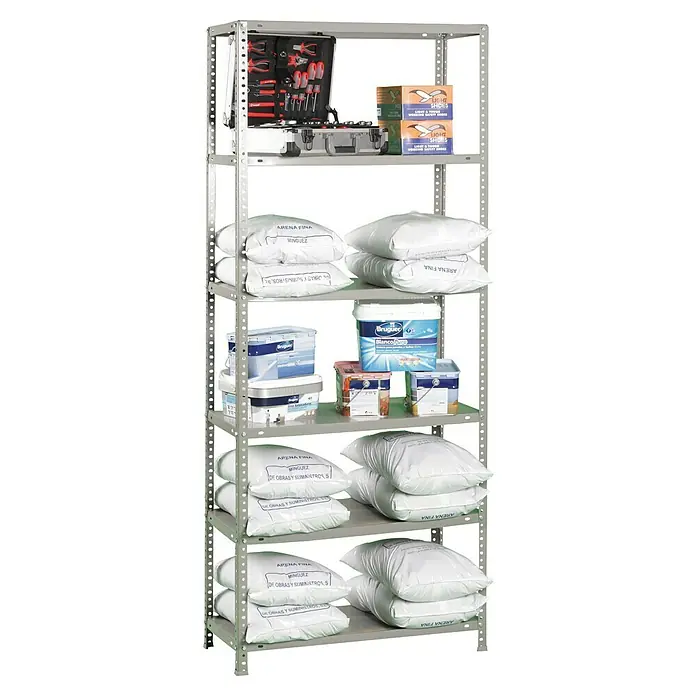 Simonrack Simonclassic Metallregal Advantage - H x B x T: 200 x 90 x 40 cm, Traglast pro Boden: 75 kg, Anzahl Böden: 6 Stk., Schrauben, Grau - Ein Regal voller Werkzeuge, Farbe und Sandsäcke, perfekt für jeden Heimwerker oder Profi. Das Regal bietet viel Stauraum für alles.