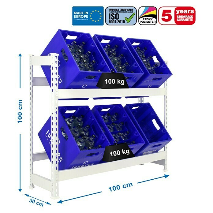 Simonrack Simonbottle Metall-Getränkekistenregal BottleclickL x B x H: 30 x 100 x 100 cm, Traglast: 100 kg/Boden, Anzahl Böden: 3 Stk., Weiß Sketch