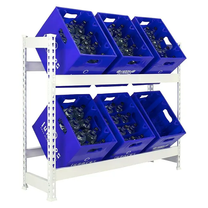 Simonrack Simonbottle Getränkekistenregal Bottleclick - H x B x T: 100 x 100 x 30 cm, Traglast Einlegeboden: 100 kg, Anzahl Böden: 2 Stk., Stecken, Weiß - Regal mit blauen Kisten voller Wasserflaschen. Praktische Lagerlösung für Getränke in Gastronomie oder im Einzelhandel.