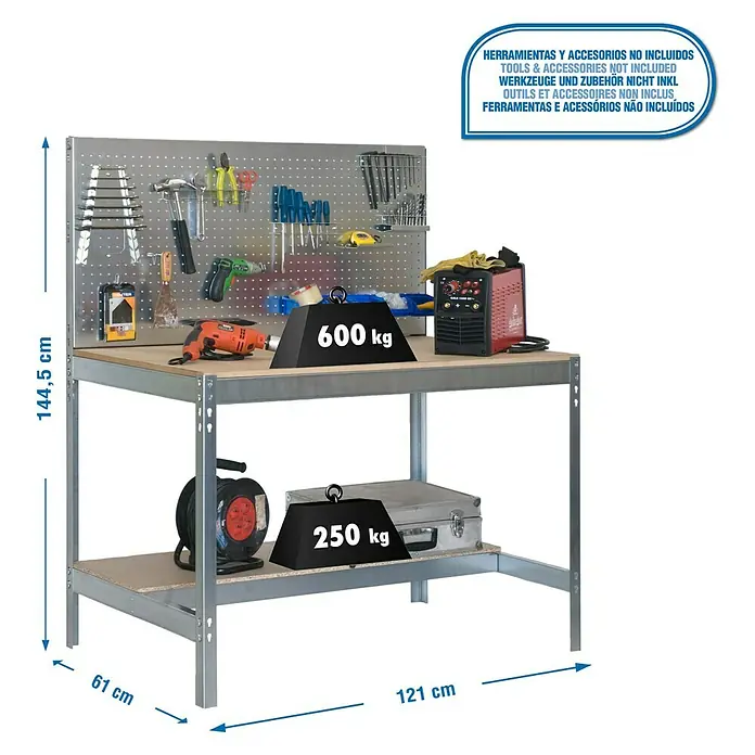 Simonrack Simonwork Werkbank Set BT2 1200 - Verzinkt/Holz, Breite: 121 cm - Werkbank mit Werkzeugwand und zwei Ebenen. Die Werkbank ist mit Werkzeugen und zwei Gewichten von 600 kg und 250 kg belastet.