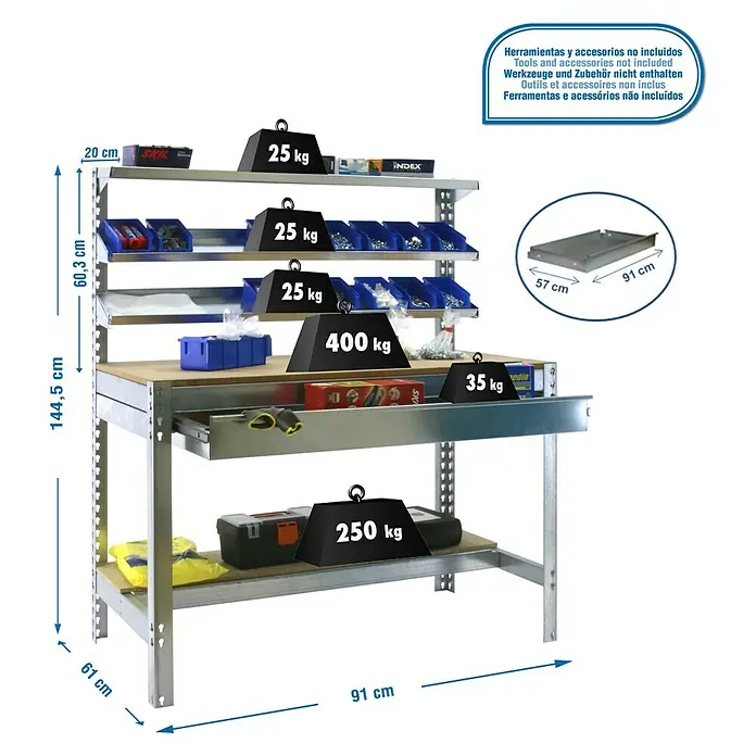 Simonrack Simonwork Werkbank BT1 Box 900 - Breite: 91 cm, Verzinkt/Holz - Abbildung eines Werkstatttisches mit Regalen, Schublade und angegebener Traglast für Werkzeuge und Zubehör.