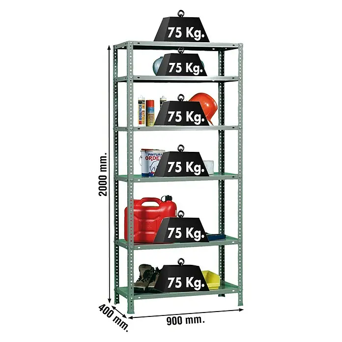 Simonrack Simonclassic Metallregal Advantage - H x B x T: 200 x 90 x 40 cm, Traglast pro Boden: 75 kg, Anzahl Böden: 6 Stk., Schrauben, Grau - Abbildung eines robusten Metallregals mit sechs Ablagen, beladen mit Werkzeugen und Baumaterialien, das die Tragfähigkeit von 75 kg pro Ebene demonstriert.