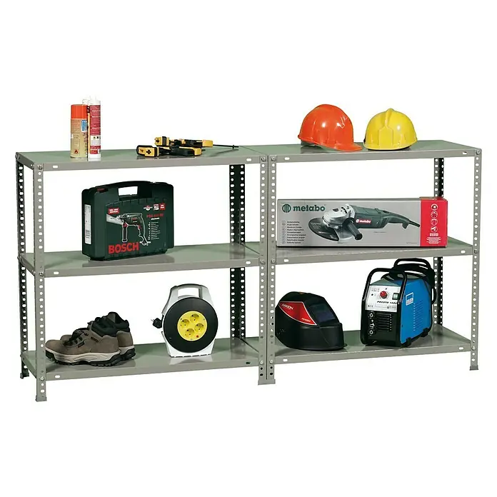 Simonrack Simonclassic Metallregal Advantage - H x B x T: 200 x 90 x 30 cm, Traglast pro Boden: 75 kg, Anzahl Böden: 6 Stk., Schrauben, Grau - Bild eines Regals mit verschiedenen Werkzeugen und Geräten, darunter Bohrmaschine, Schleifmaschine und Schweißausrüstung.
