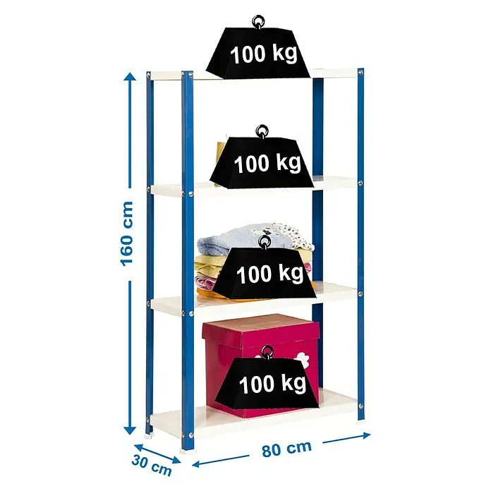 Simonrack Simonhome Metallregal Classic Mini - H x B x T: 160 x 80 x 30 cm, Traglast pro Boden: 100 kg, Anzahl Böden: 4 Stk., Schrauben, Blau/Weiß - Das Bild zeigt ein Regal mit vier Ebenen, die jeweils mit einem schwarzen Gewicht von 100 kg belastet sind. Die Regalmaße sind 160 cm Höhe, 80 cm Breite und 30 cm Tiefe.