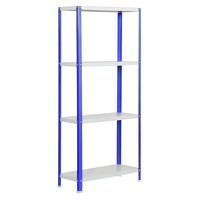 Simonrack Simonhome Metallregal Classic Mini - H x B x T: 160 x 80 x 30 cm, Traglast pro Boden: 100 kg, Anzahl Böden: 4 Stk., Schrauben, Blau/Weiß - Das Bild zeigt ein Regal mit vier weißen Regalböden und einem blauen Metallrahmen. Das Regal steht vor einem schwarzen Hintergrund.