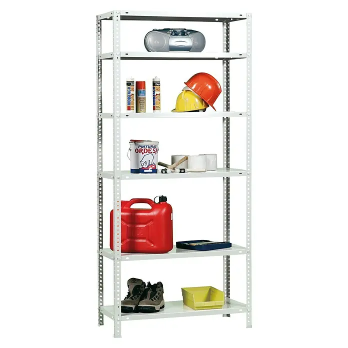 Simonrack Simonclassic Metallregal Comfort Mini - H x B x T: 200 x 80 x 30 cm, Traglast pro Boden: 100 kg, Anzahl Böden: 6 Stk., Schrauben, Weiß - Dieses Bild zeigt ein weißes Metallregal mit sechs Ebenen, gefüllt mit verschiedenen Gegenständen wie Farbe, Kanister und Werkzeug.