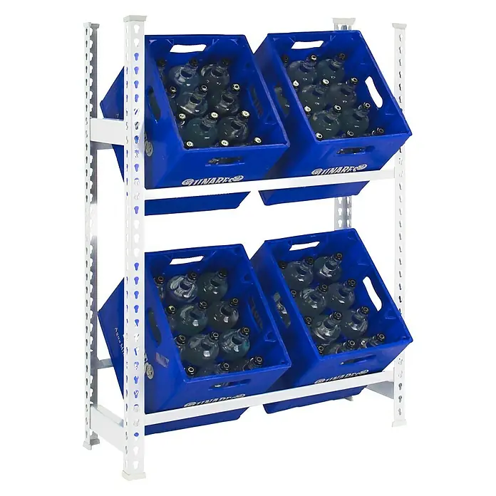 Simonrack Simonbottle Getränkekistenregal Bottleclick - H x B x T: 100 x 80 x 30 cm, Traglast Einlegeboden: 100 kg, Anzahl Böden: 2 Stk., Stecken, Weiß - Regal mit blauen Kisten voller Wasserflaschen. Praktische Lösung für Lagerung und Präsentation.