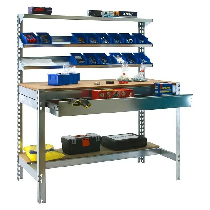 Simonrack Simonwork Werkbank BT1 Box 900Breite: 91 cm, Traglast: 400 kg, Verzinkt/Holz - Metallwerkbank mit Aufbewahrungselementen und Werkzeugen. Die Werkbank verfügt über Ablagen, Schubladen und Regale zur Organisation von Werkzeugen und Materialien.