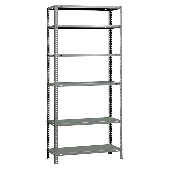Simonrack Simonclassic Metallregal Advantage - H x B x T: 200 x 90 x 30 cm, Traglast pro Boden: 75 kg, Anzahl Böden: 6 Stk., Schrauben, Grau - Das Bild zeigt ein graues Metallregal mit fünf Regalböden. Das Regal steht vor einem schwarzen Hintergrund und ist gut beleuchtet.