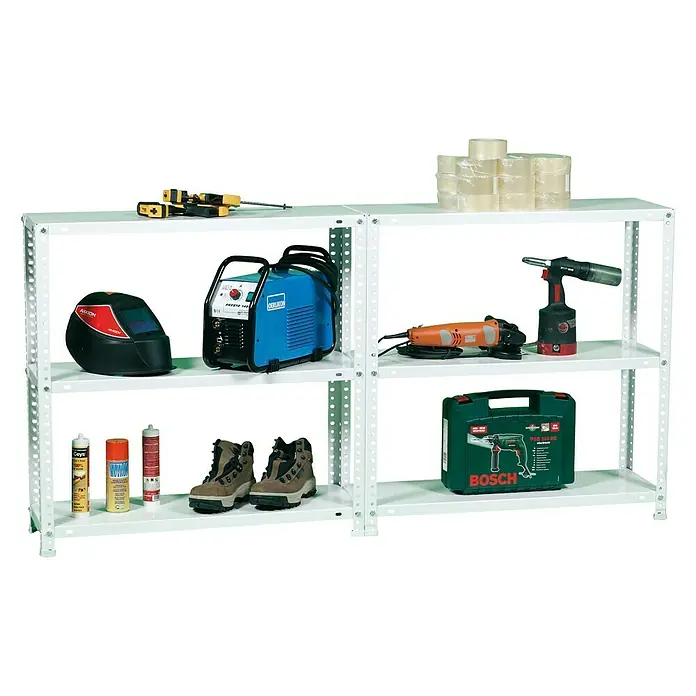 Simonrack Simonclassic Metallregal Advantage - H x B x T: 200 x 90 x 30 cm, Traglast pro Boden: 75 kg, Anzahl Böden: 6 Stk., Schrauben, Weiß - Regal mit Werkzeugen und Zubehör. Das Regal ist mit einer Schweißmaske, Werkzeugkasten und anderen Gegenständen bestückt.