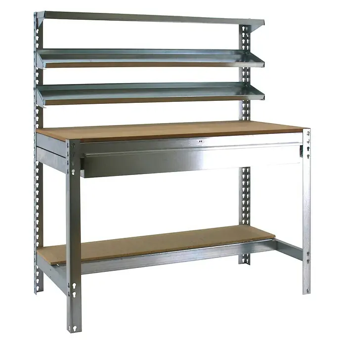 Simonrack Simonwork Werkbank BT1 Box 1200 - Breite: 121 cm, Verzinkt/Holz - Metallwerkbank mit Holzplatte, drei Regalen und einer Ablage. Ideal für Werkstatt oder Hobbyraum. Robuste Konstruktion für hohe Belastbarkeit.