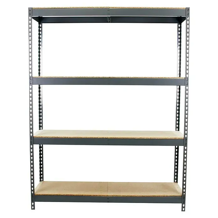 Simonrack Ecoforte Schwerlastregal Chipboard - H x B x T: 200 x 120 x 60 cm, Traglast pro Boden: 400 kg, Anzahl Böden: 4 Stk., Stecken, Grau - Abbildung eines leeren Regalgestells mit vier Regalen. Die Regale sind grau mit Holzplatten. Ideal für Lagerung und Organisation.