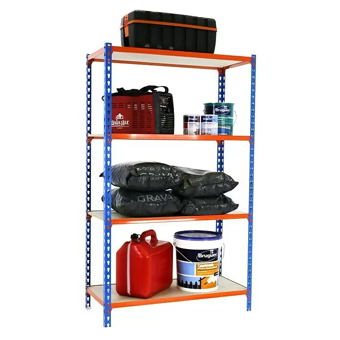 Simonrack Maderclick Metallregal Maderclick - H x B x T: 150 x 90 x 30 cm, Traglast pro Boden: 150 kg, Anzahl Böden: 4 Stk., Stecken, Blau/Orange - Anwendungsbeispiel