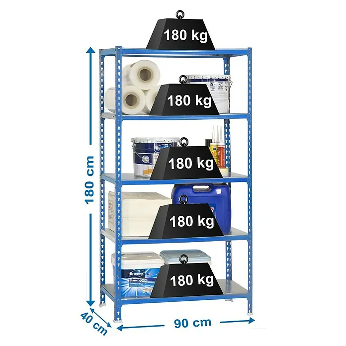Simonrack Simonclick Metallregal Simonclick Plus - H x B x T: 180 x 90 x 40 cm, Traglast pro Boden: 180 kg, Anzahl Böden: 5 Stk., Stecken, Blau/Silber - Ein blaues Schwerlastregal mit fünf Regalböden, beladen mit verschiedenen Gegenständen und Gewichten, mit Maßangaben.