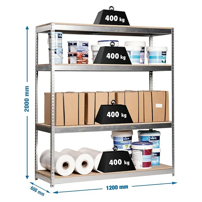 Simonrack Ecoforte Schwerlastregal Chipboard - H x B x T: 200 x 120 x 60 cm, Traglast pro Boden: 400 kg, Anzahl Böden: 4 Stk., Stecken, Grau - Ein stabiles Metallregal mit vier Ebenen, beladen mit verschiedenen Gegenständen und Gewichten, die die Tragfähigkeit demonstrieren.