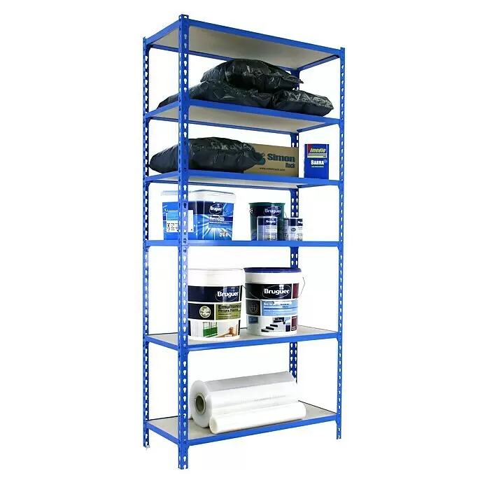 Simonrack Maderclick Metallregal Maderclick MegaPlus - H x B x T: 250 x 120 x 30 cm, Traglast pro Boden: 200 kg, Anzahl Böden: 6 Stk., Stecken, Blau - Anwendungsbeispiel