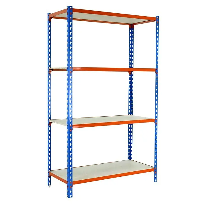 Simonrack Simonclick Metallregal Maderclick SuperPlusH x B x T: 150 x 110 x 50 cm, Traglast pro Boden: 200 kg, Anzahl Böden: 4 Stk., Stecken, Blau/Orange - Ein stabiles Lagerregal mit vier Ebenen in Blau und Orange, ideal für die Organisation von Gegenständen in Lager oder Garage.