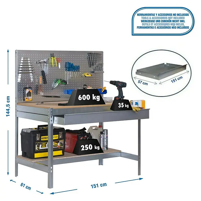 Simonrack Simonwork Werkbank Set BT2 Box 1500 - Verzinkt/Holz, Breite: 151 cm - Werkbank mit Werkzeugwand, Schublade und zwei Ablageflächen für schwere Lasten mit Angaben zu Abmessungen und Belastbarkeit.