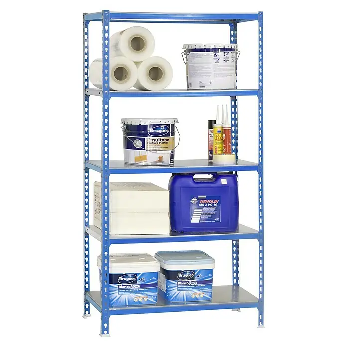 Simonrack Simonclick Metallregal Simonclick Plus - H x B x T: 200 x 100 x 50 cm, Traglast pro Boden: 180 kg, Anzahl Böden: 5 Stk., Stecken, Blau/Silber - Regaleinheit mit Farbdosen, Papierrollen und Ölkanister. Ideal für Werkstatt oder Garage zur übersichtlichen Lagerung von Werkzeug und Materialien.
